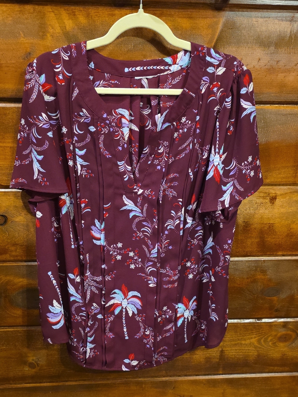 Women's Floral Print Short-Sleeve Top - Burgundy